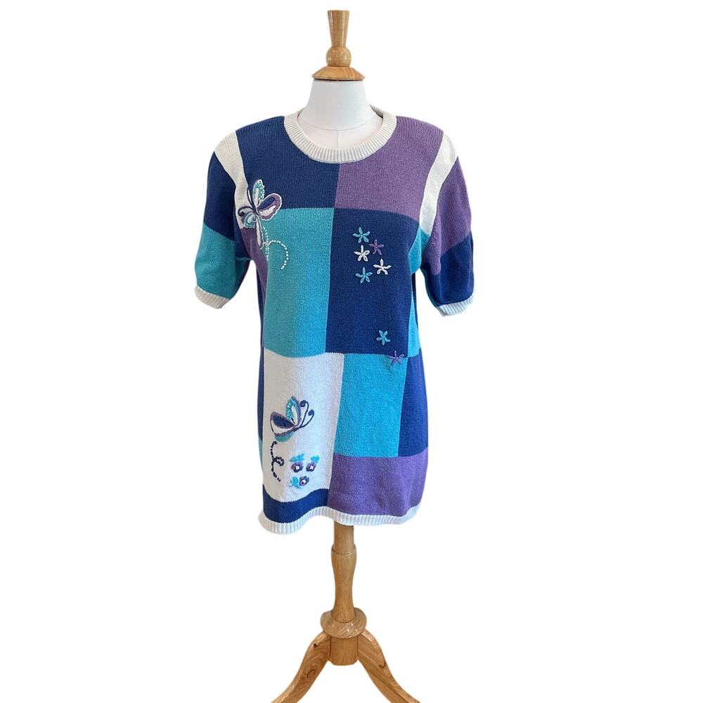 Vtg Two Twenty Embroidered Blue Short Sleeve Sweater Tunic/Dress, Cottagecore L